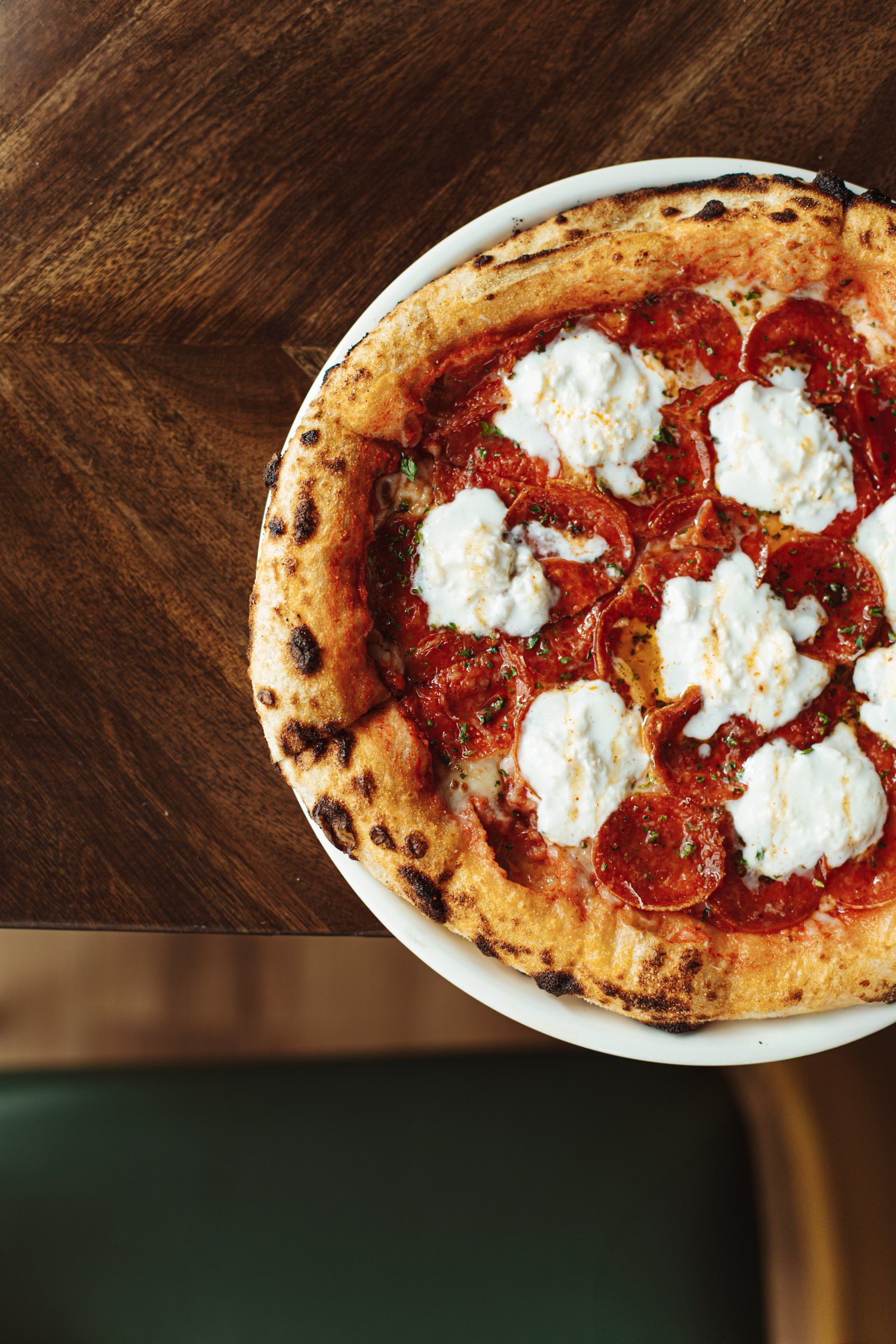 Pepperoni Neapolitan pizza with stracciatella and hot honey